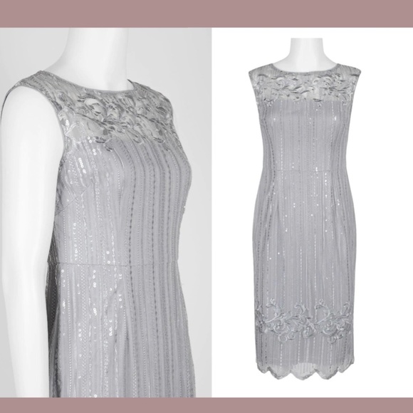 NWT Adrianna Papell [ 2 ]‎ Embroidered Sequin Sheath Dress in Silver - Picture 3 of 12